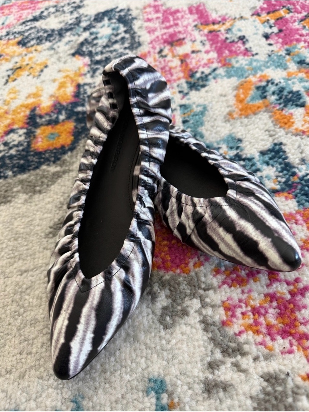 Sigerson Morrison Lahela Black White Zebra Luxury Pointed Ballet Flats Ruched